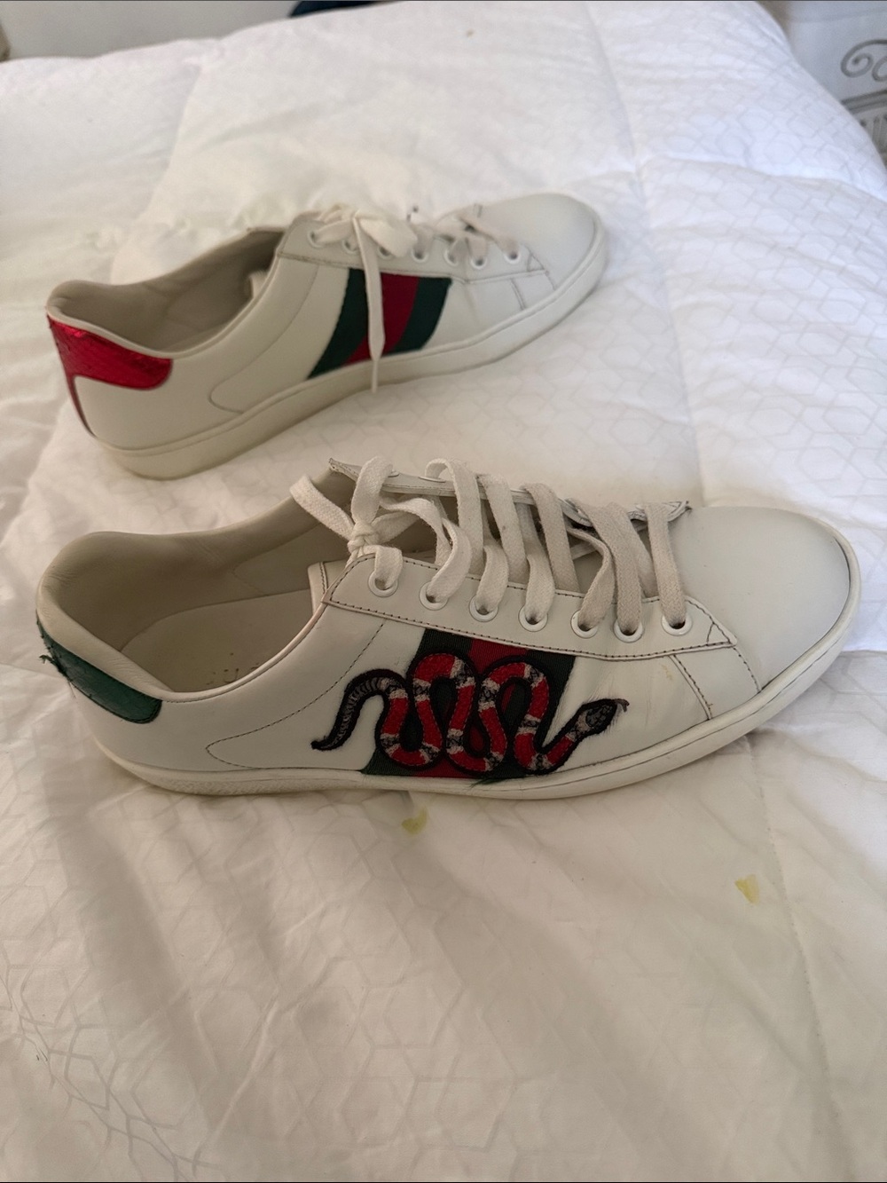 Gucci White Leather Sneakers with Red & Green Stripe and Snake Embroidery